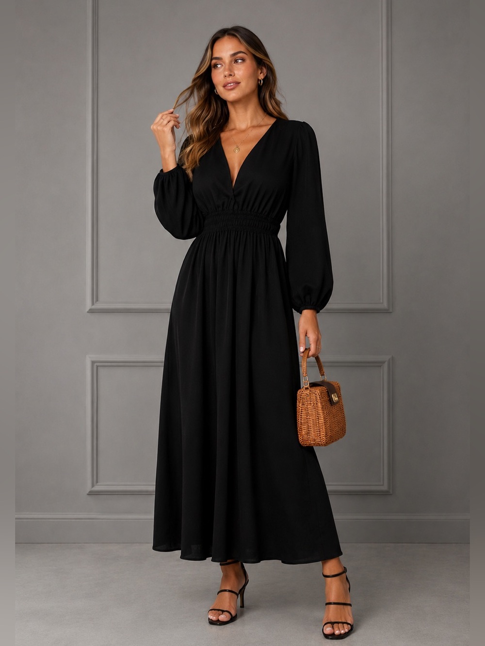 PETAL & PUP CECE LONG SLEEVE MAXI DRESS - BLACK B1706